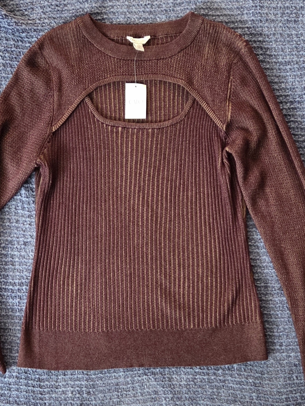 CATO Ribbed Knit Cutout Sweater - Deep Brown/Burgundy
